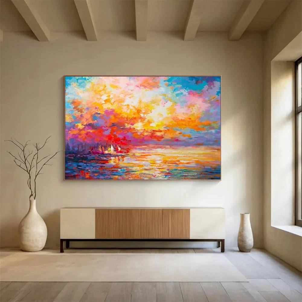 Adding Original Handmade Bedroom Sunset Colorful Abstract Canvas Artwork F5OUO